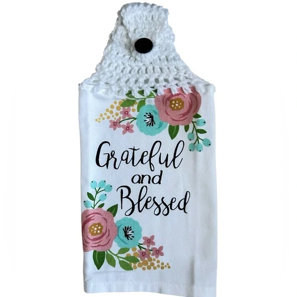 Hand Crafted Floral Hanging Kitchen Hand Towel Colorful Grateful and Blessed - Picture 6 of 8